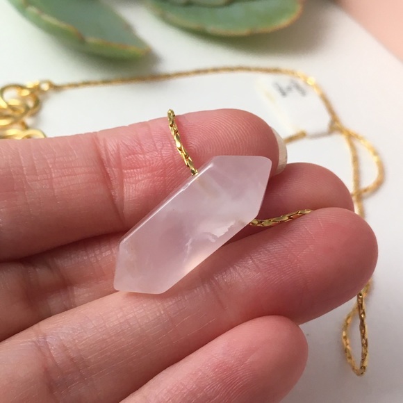 Rose Quartz Double Pointed Pendant 16” Gold Chain - Picture 6 of 8